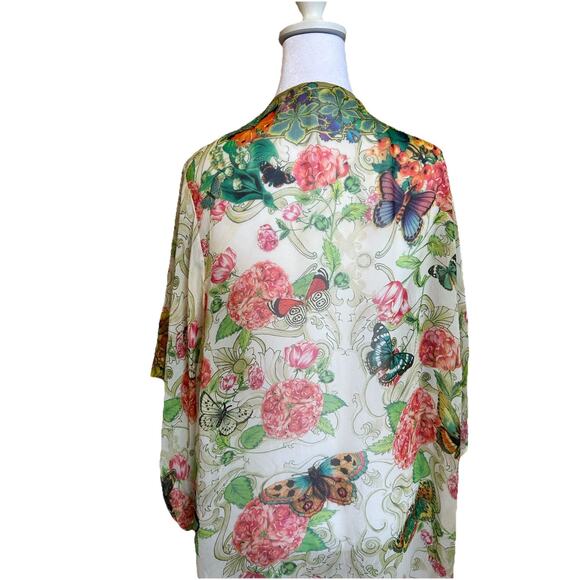 Johnny Was Silk Cover-Up Kimono Butterflies Floral Boho Chic Gypsy Beach Resort - Picture 10 of 11